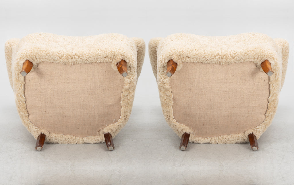 Mid Century Lounge Chairs Beech Sheepskin Pair